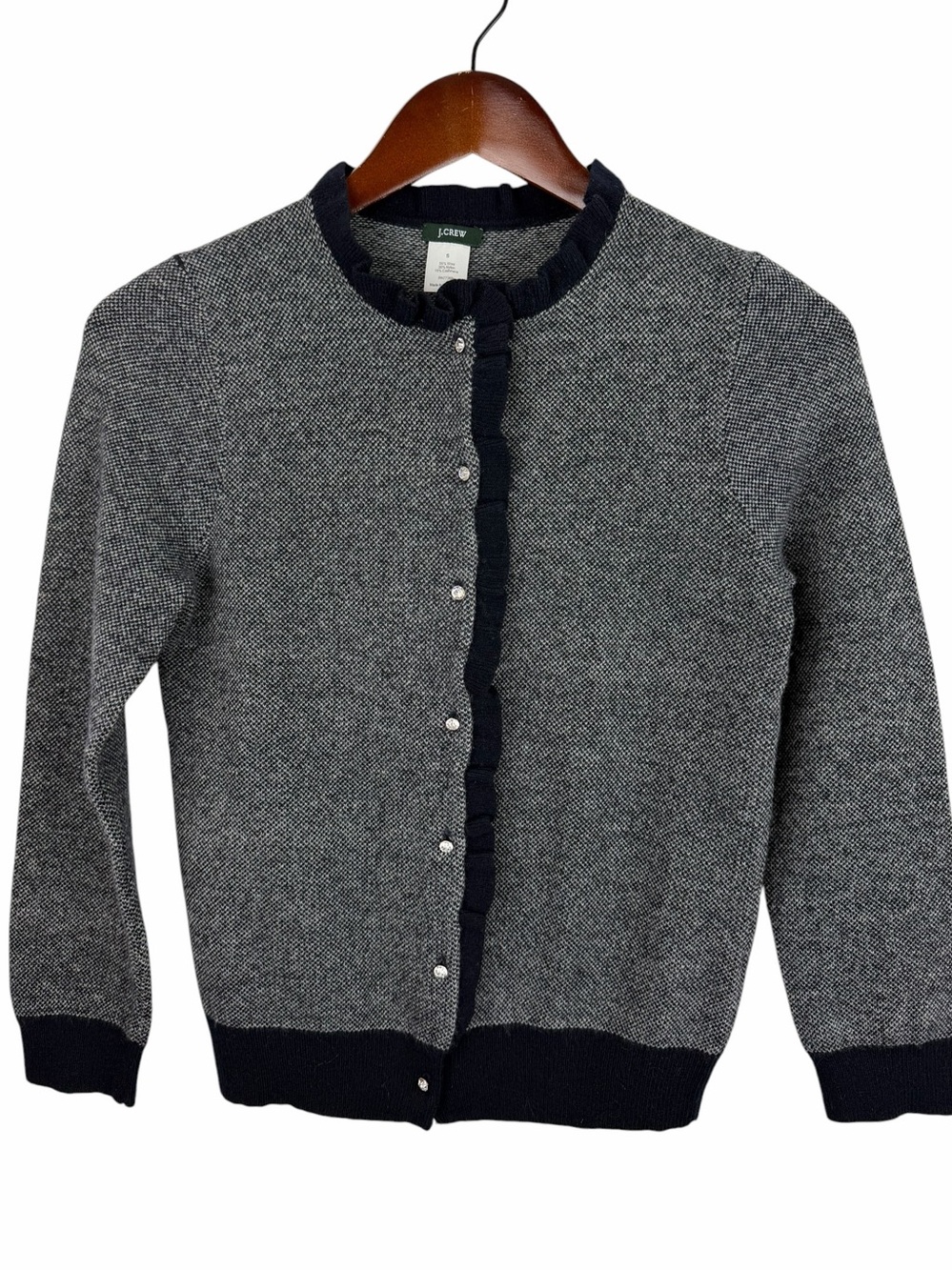 J. Crew | Grey Heather Black Ruffle Wool Blend Bling Button Cardigan
